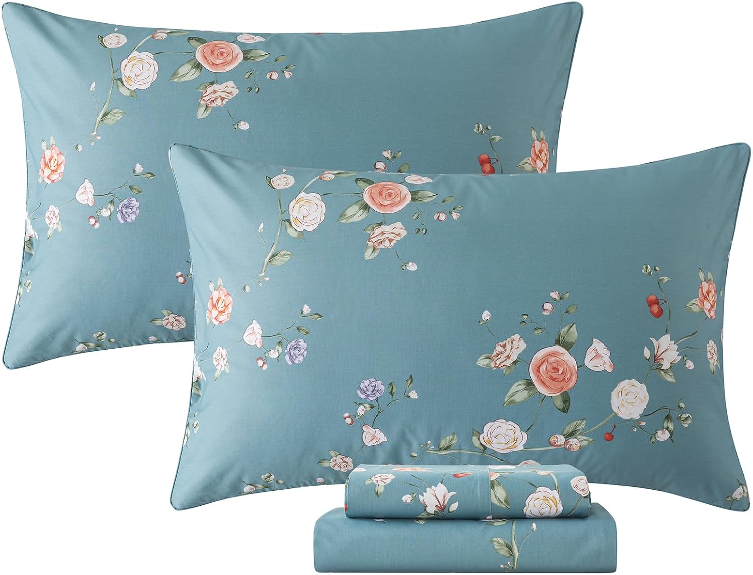 Lemfux Sheet Set Twin 4 Pieces Cotton Floral Pattern Light Blue Shabby Red Pink Purple Rose Print Chic Sheet Set, 1 Flat Sheet 66"x96", 1 Fitted Sheet 39"x75", 2 Pillowcases 20"x29"