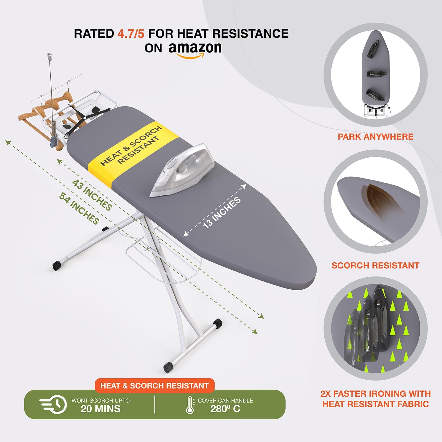 Xabitat Full Size Ironing Board 54" X 13" with Wall Mount Hanger, Full Metal Construction Iron Board, Built in Iron Caddy, Heat & Scorch Resistant Fabric, Cord Holder, Anti-Skid Feet, Heavy Duty