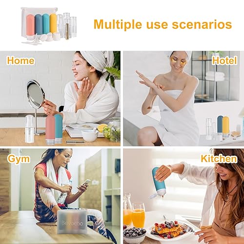 Miniatura 3 de Beveetio Paquete de 19 botellas de viaje aprobadas por la TSA, 3 onzas de silicona a prueba de fugas recargables para artículos de tocador,
