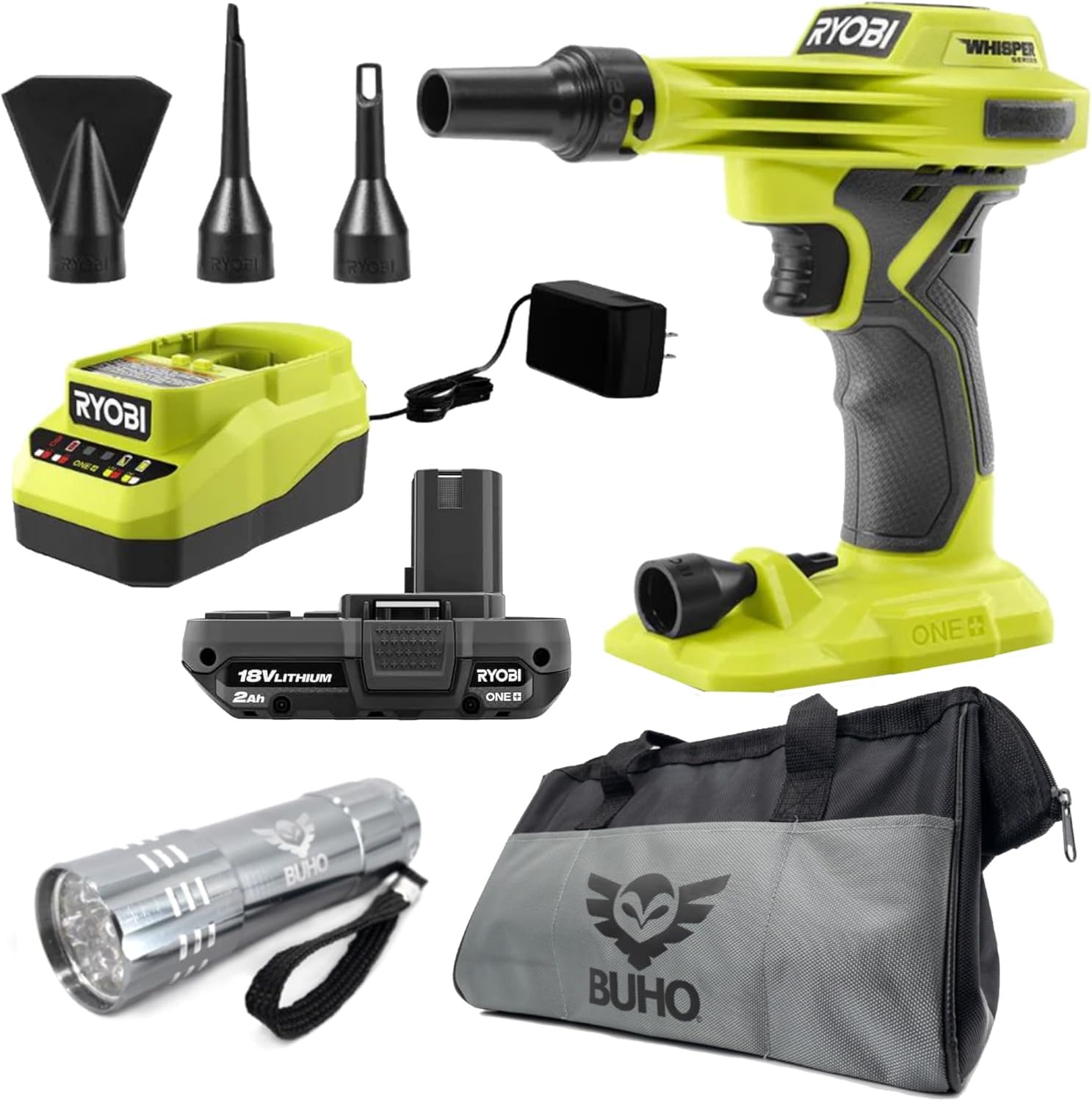 Ryobi One+ 18V High Volume Inflator Kit Bundle with 2.0Ah Battery, Charger, Buho Tool Bag and Flashlight