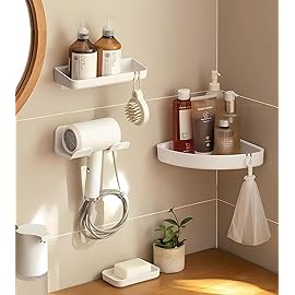 SUPTEC Universal Hair Dryer Holder, Blow Dryer Hanger Wall Mount for Hair Dryer Hook with Plug&Cord Organizer Self Adhesive for Cabinet Bathroom(1 Pack White)