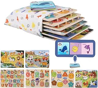 Phoohi 6 Pack Wooden Peg Puzzles for Toddler 1-3 Years Old Alphabet Numbers Animals Vehicles Puzzles Preschool Educational Learning Puzzles Montessori Toys Toddlers Kids 2-4 Birthday
