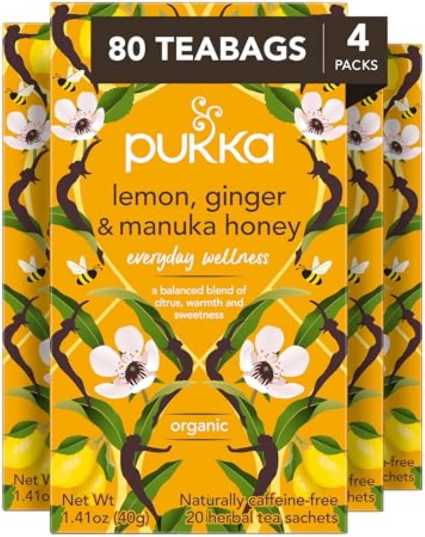 Organic Lemon, Ginger & Manuka Honey Herbal Tea, Immune Boosting Organic Tea Infusion Selection, With Turmeric, Ideal For Daily Support, Caffeine Free, 80 Total Bags (20ct - Pack of 4)