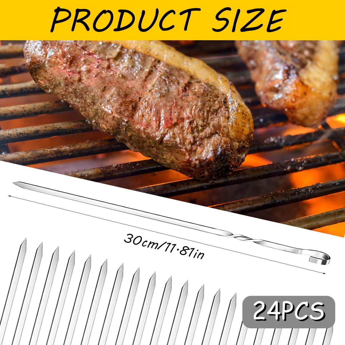 Brochette inox barbecue réutilisables – Lot de 24 pièces pour viande et légumes