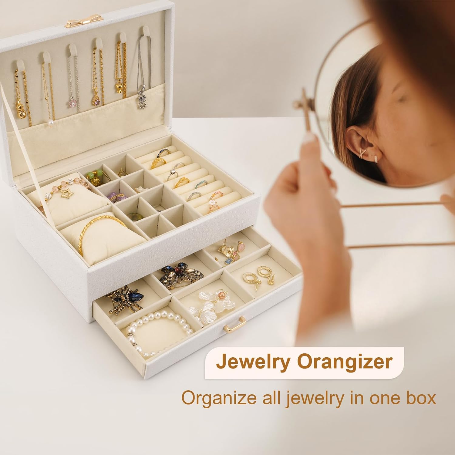 MOSISO Jewelry Box for Women, Large PU Leather Jewelry Organizer Drawer Storage Case with 2 Layers Display for Earrings Bracelets Rings Necklaces Watch Holder, White