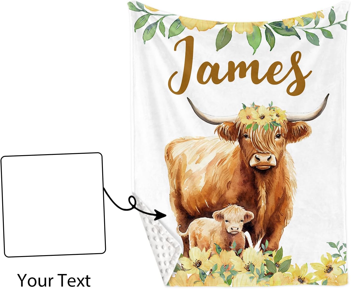 Personalized Baby Crib Bedding Set: 4 Piece Yellow Flower Custom Gift Crib Bed Set with Name - Highland Cow Theme, Nursery Bedding Set for Baby Girls,Newborn Girls Crib Sets, Crib Bedding Shower Gifts