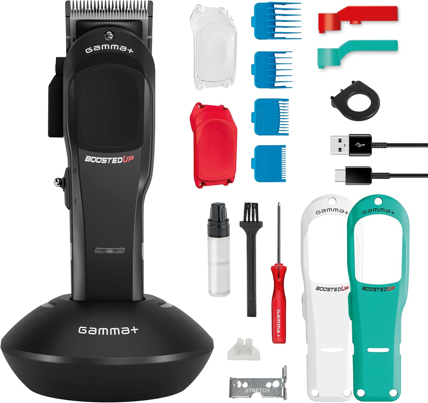 GAMMA+ Boosted UP Professionele tondeuse met verbeterde prestaties, heren-tondeuse met verstelbaar lemmet met roterende motor, 120 minuten draadloze looptijd, 3 afdekkingen, 4 kammen, USB-kabel type C