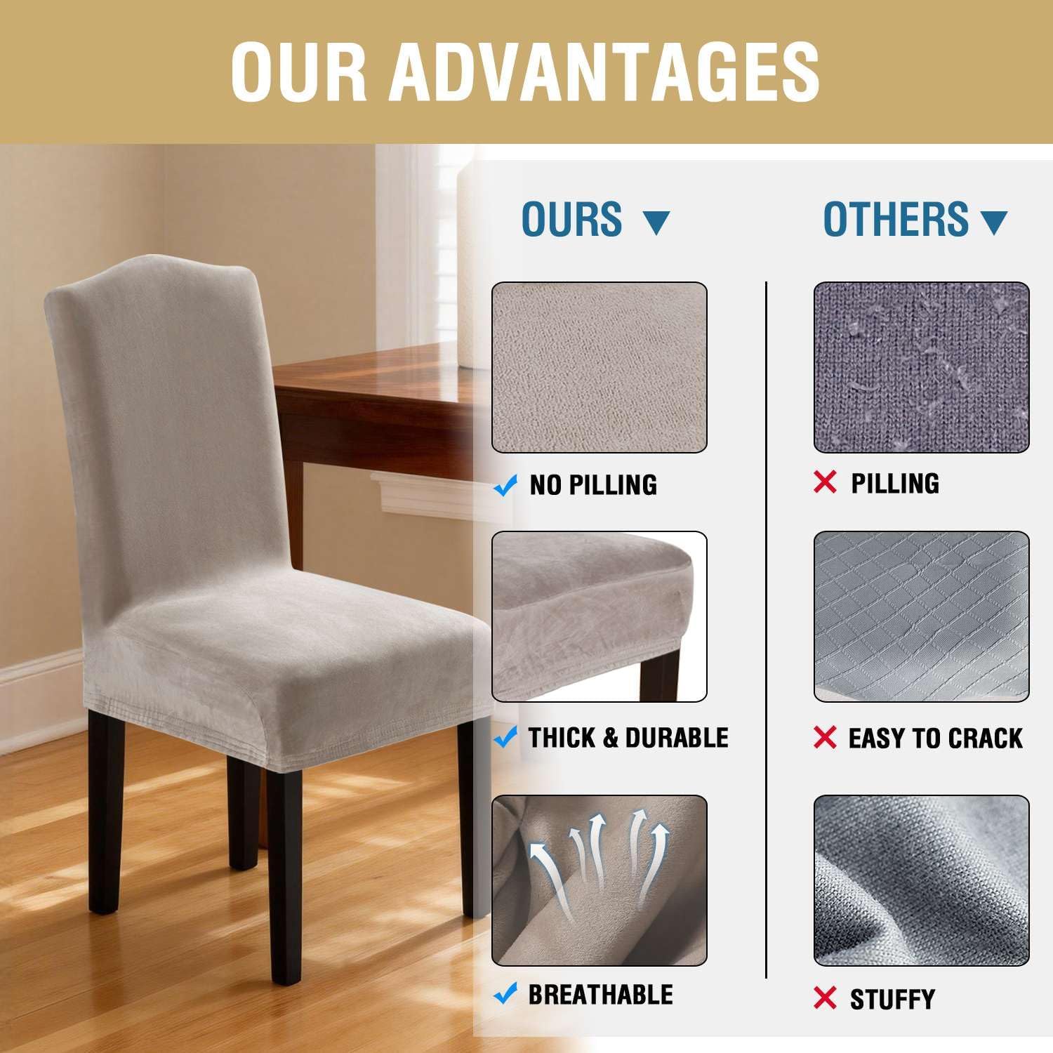 H.VERSAILTEX Velvet Dining Chair Covers Stretch Chair Covers for Dining Room Set of 4 Parson Chair Slipcovers Chair Protectors Covers Dining, Soft Thick Solid Velvet Fabric Washable, Oatmeal