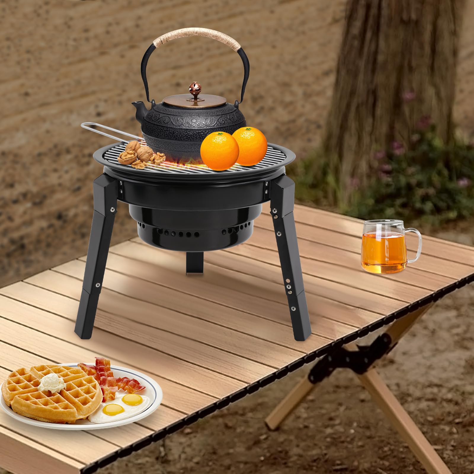 Barbacoa portátil de carbón vegetal de acero al carbono y esmalte con red de barbacoa de 32 cm, altura ajustable, pequeña barbacoa de camping con revestimiento antiadherente, barbacoa extraíble para