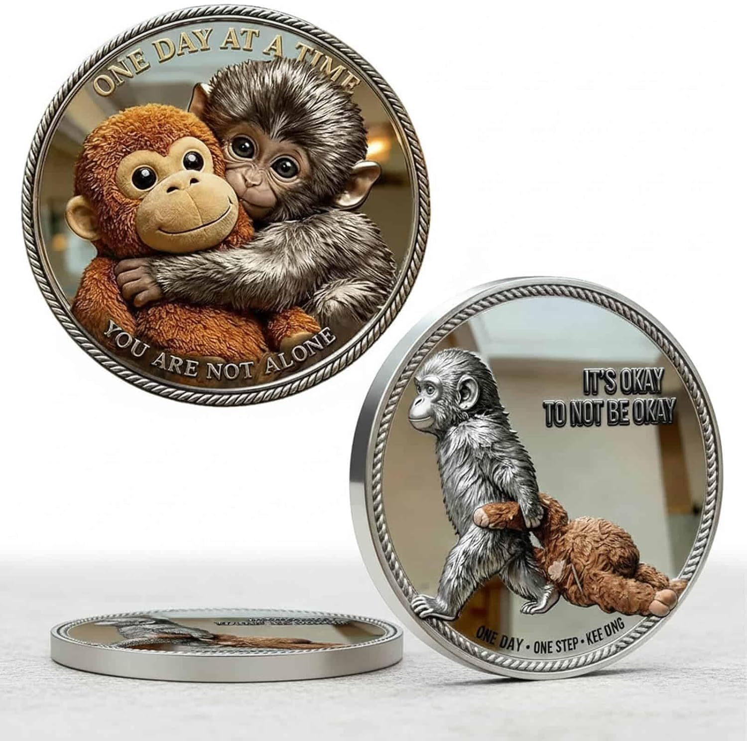 Emotional Support Monkey Coin，Punch The Monkey Commemorative Challenge Coin，Double Sided Baby Monkey Hugging Collectible Token，Inspirational Encouragement Gift for Family & Friends (A-12PCS)