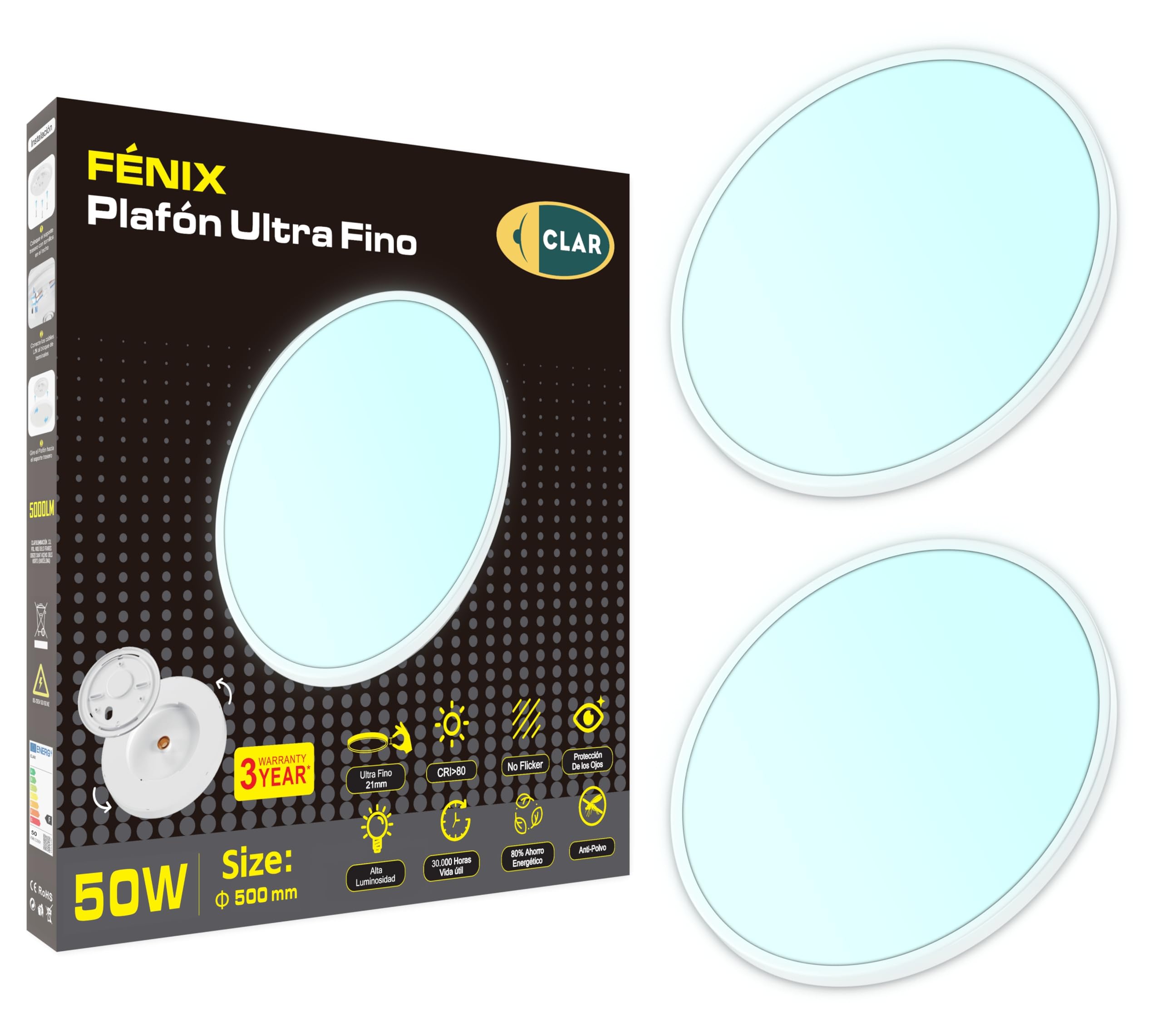 CLAR - Plafon Led Techo 50 Cm, Lámparas De Techo Salón, Plafón Salón, Plafón LED Redondo, Plafones Para Techo Led, Plafón Led Techo Cocina, Blanco Frío 6000ºK, 50W (Pack 2)