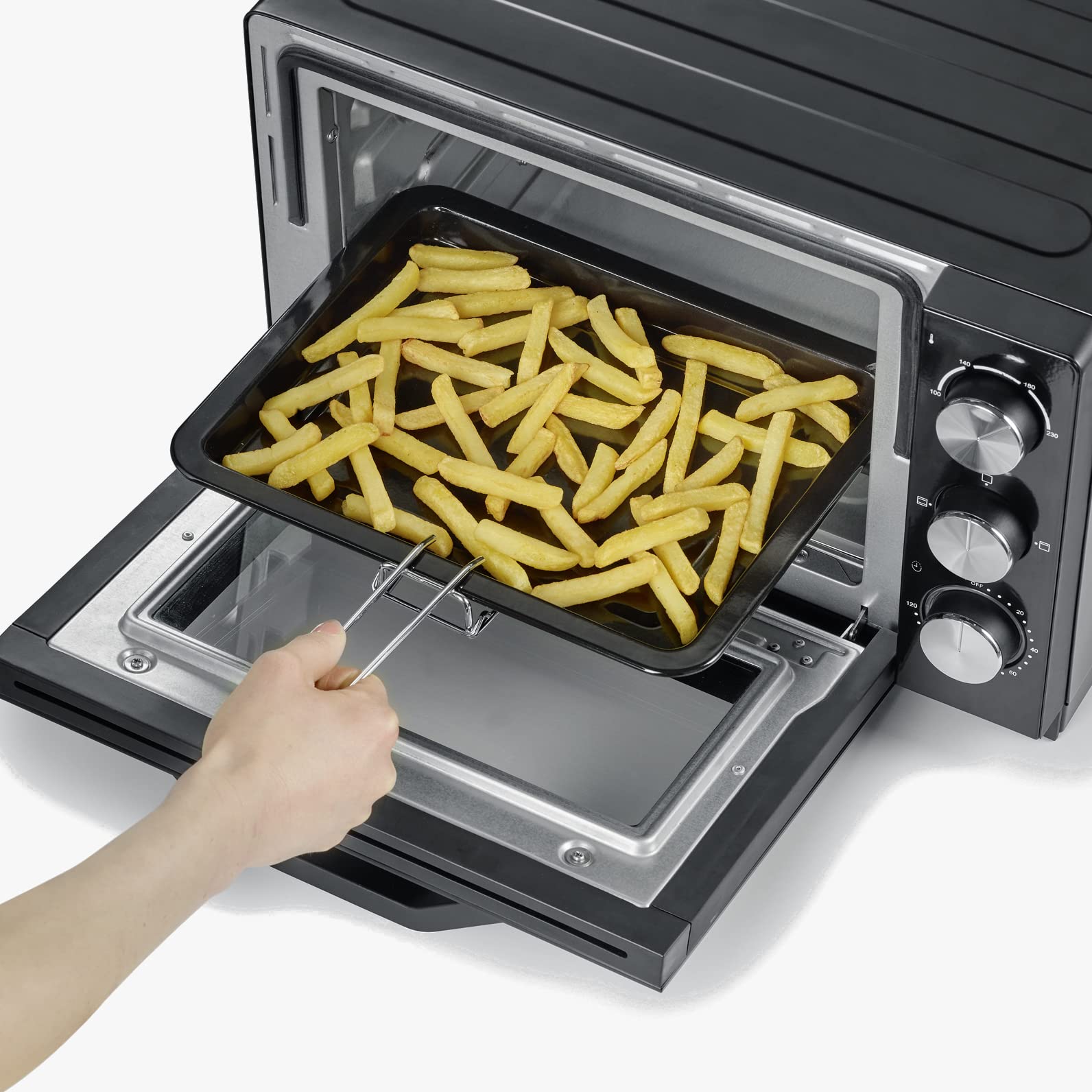 SEVERIN Back- und Toastofen mit Umluftfunktion, Mini Backofen mit Grillrost, Backblech und Krümelblech, bis zu 230 Grad, vielseitiger Toastofen mit 20 L Kapazität, 1.380 W, schwarz, Edelstahl, TO 2070