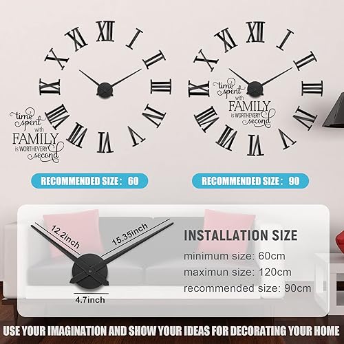 Miniatura 5 de Junkin Reloj de pared grande 3D sin marco, números romanos gigantes, citas familiares, calcomanías de pared, tamaño ajustable de 23.62 a 47.24
