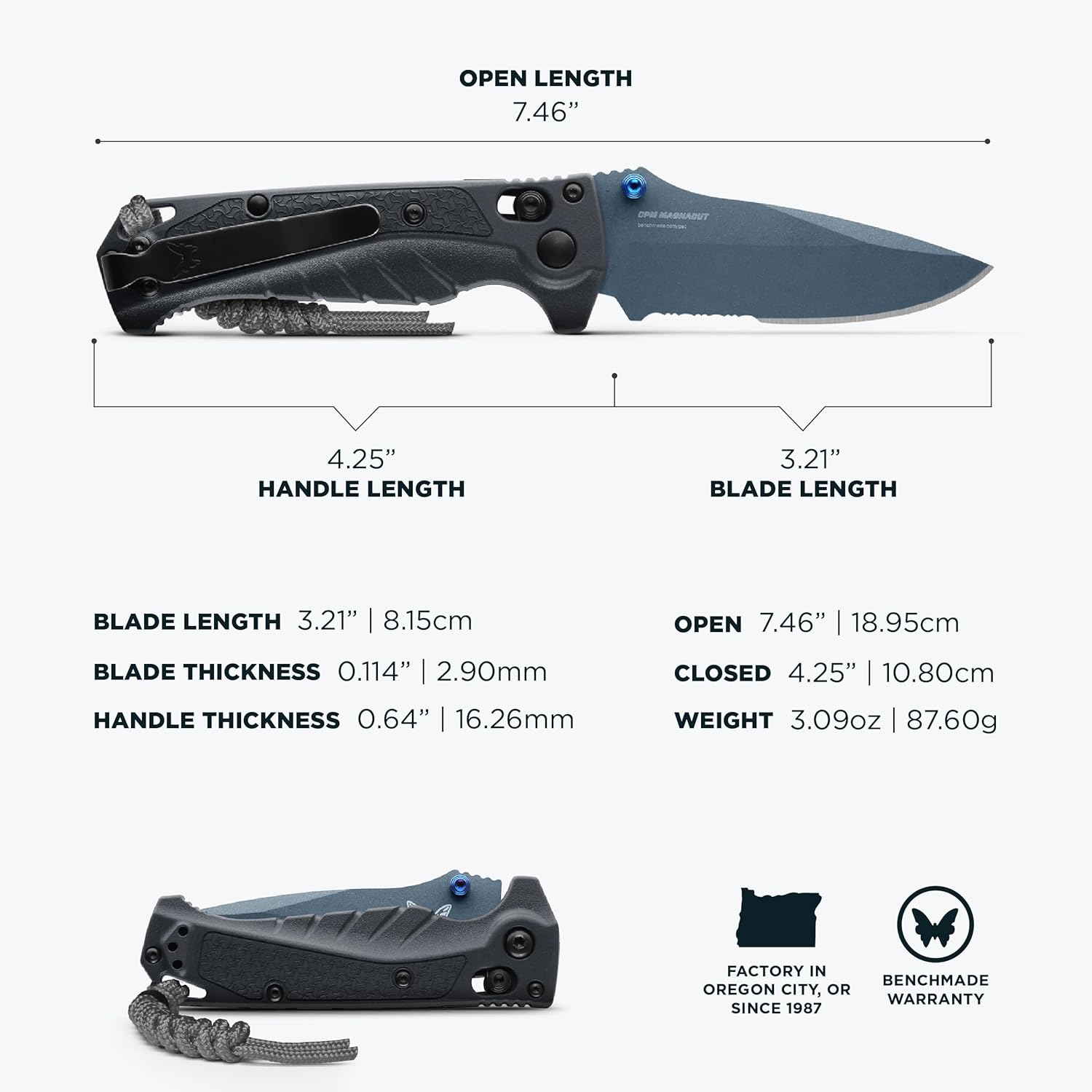 Benchmade - Mini Adira Outdoor, Water, Fishing Knife, Drop-Point Serrated Blade with Tempest Gray Grivory Handle (18065SBT-01)