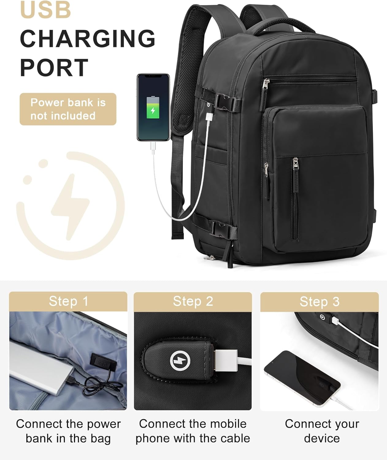 Black Travel Backpack For Women Men Carry On Backpack Flight Approved Travel Bag Personal Item Waterproof Luggage Backpack With Shoe & Laptop Compartment