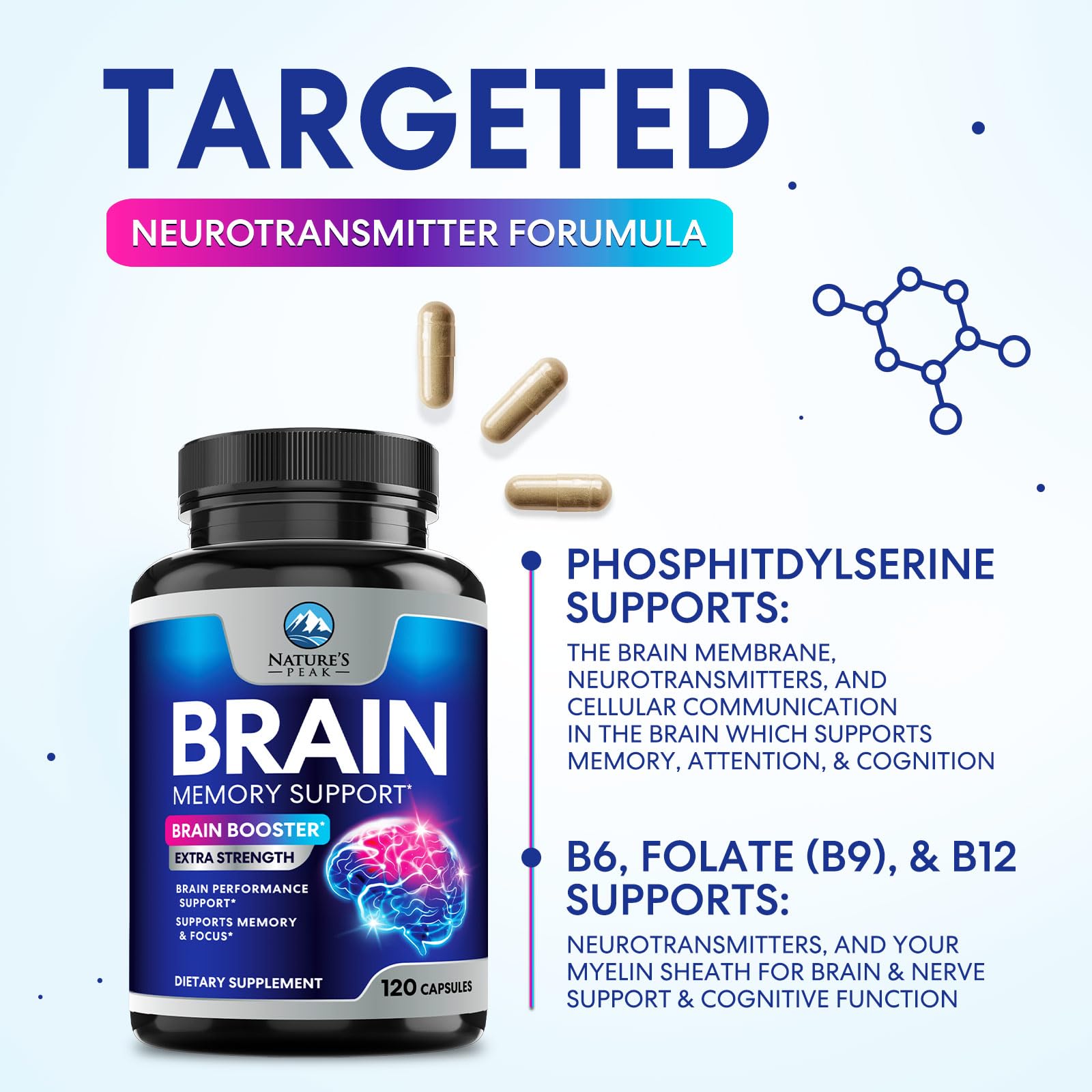 Brain Memory Supplement Pills - 3X Strength Nootropics for Concentration, Clarity & Focus Support - Brain Health Cognitive Vitamins B6 B12 with Folate & Phosphatidylserine, Brain Booster, 120 Capsules — Amazon image 6