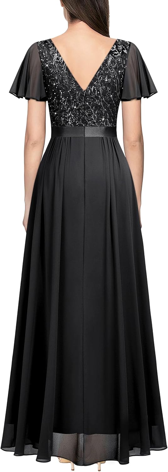 Miusol Women's V-Neck Sequin Lace Classy Ruffle Sleeve Bridesmaid Maxi Dress - Image 2