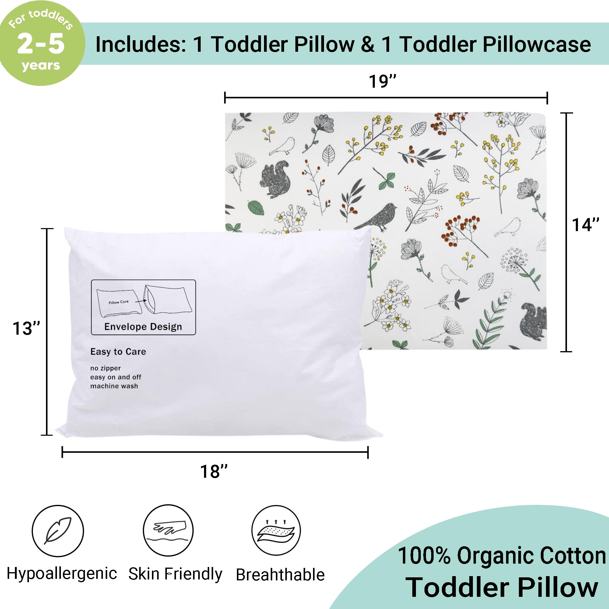 ZPECC Toddler Pillow with Pillowcase - 13x18 Organic Cotton Hypoallergenic Kids Pillow, Baby Essentials for Travel Crib Daycare Stroller (Intended for Age 2 and up) Nature