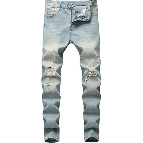 Boy's Skinny Fit Ripped Destroyed Distressed Stretch Slim Jeans Pants