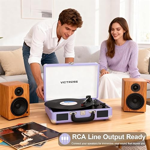 Miniatura 10 de Tocadiscos de maleta portátil Bluetooth con altavoces estéreo, tocadiscos de 3 velocidades, grabación USB a digital, conector RCAAUXpara