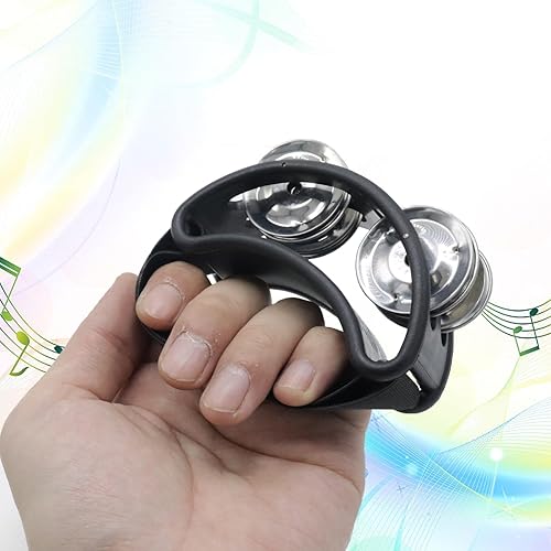 Miniatura 5 de Panderetas de pie negro, paquete de 2 vibradores de percusión de pies, instrumentos de percusión musical de pandereta para adultos, uso con guitarra