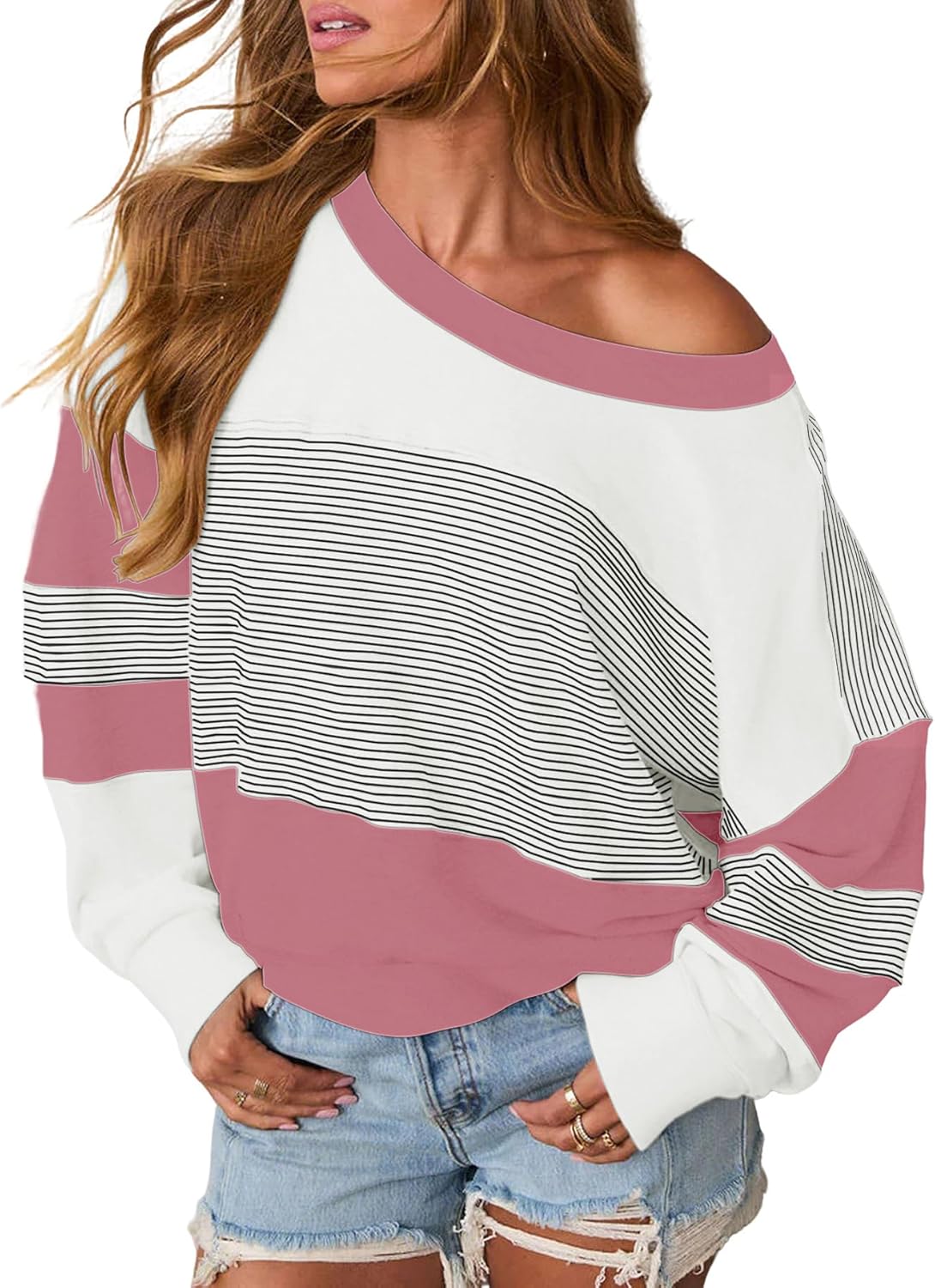 Floral Find Womens Casual Oversized Striped Colorblock Lightweight Sweatshirts Long Sleeve Crewneck Pullover Fall Tops