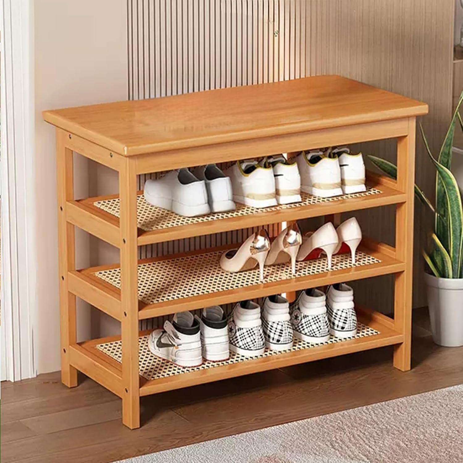Bamboo Shoe Storage Bench, Shoe Rack Bench for Entryway, 3-Tier Storage Organizer with Wooden Seat and Mesh Shelves, Detachable Cushion, for Entryway, Living Room, Bedroom, Hallway(Browm,26x12x