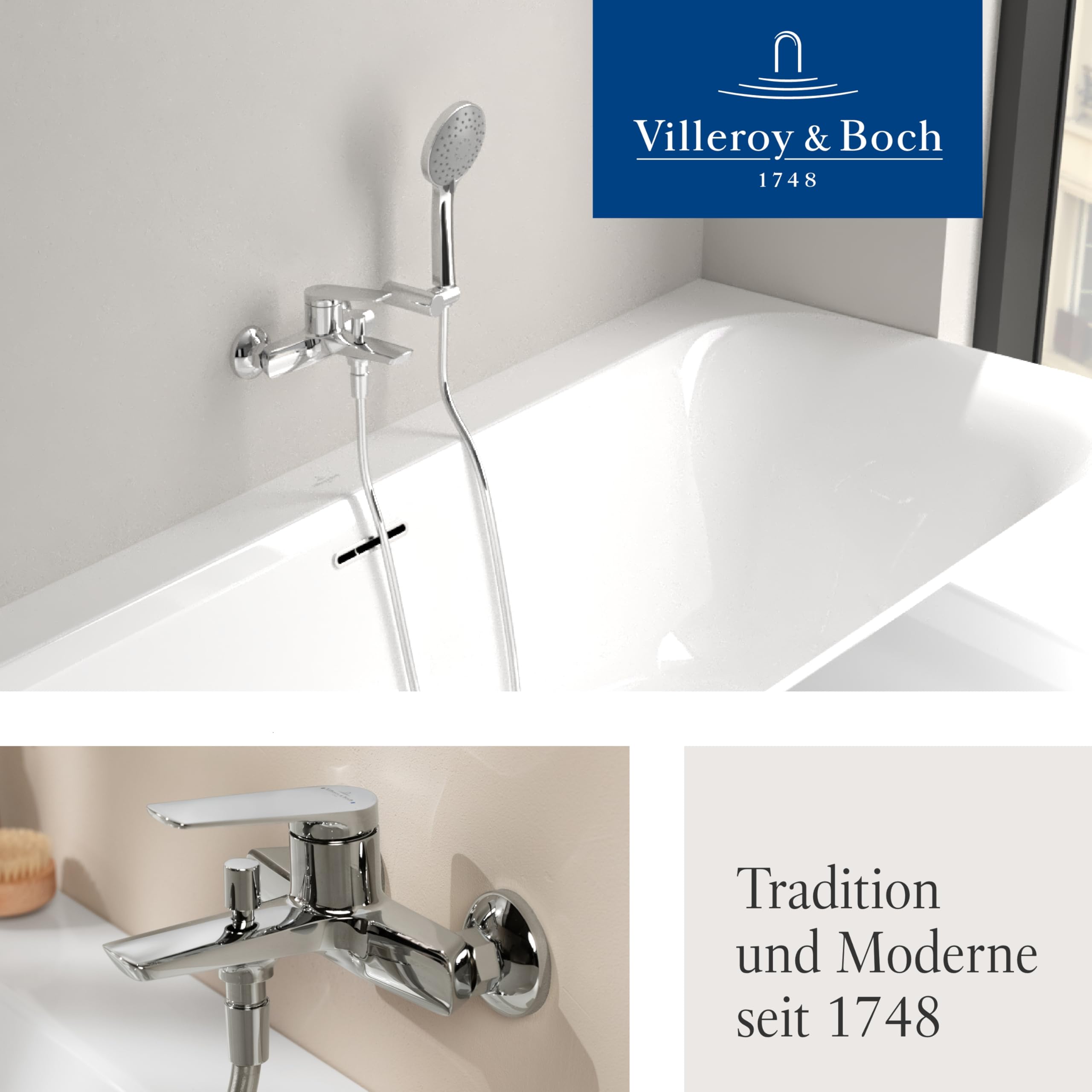 Villeroy & Boch Oasis Badewannenarmatur, Aufputz Montage – Chrom | Rückflussschutz, mit Strahlregler, Umstellfunktion, TVT11500100061
