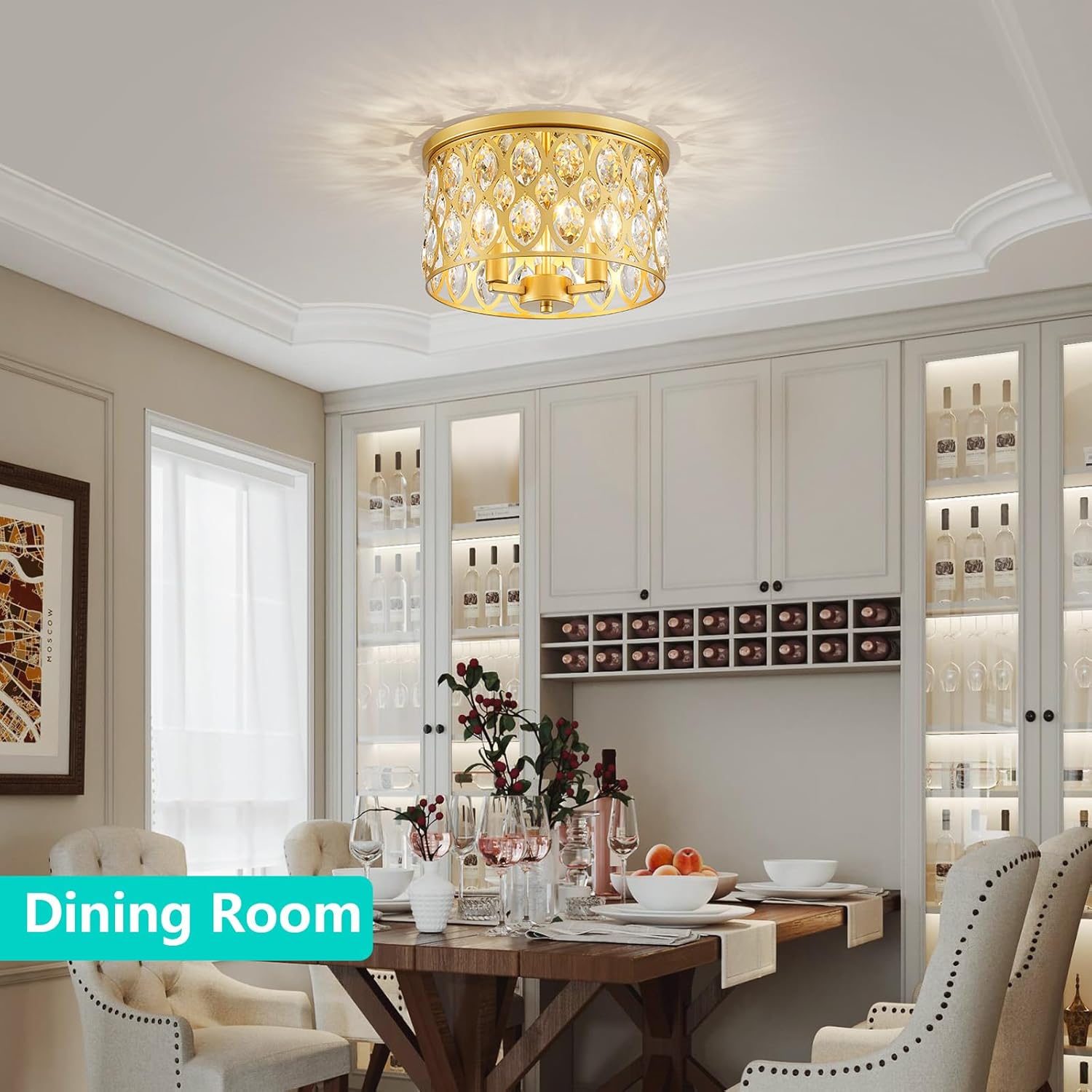 Modern K9 Crystal Chandelier Ceiling Light, Close to Ceiling Light Fixture for Dining Room, Living Room, Bedroom, Hallway, Foyer, Gold Finish Frame, 3*E12 Socket, D13*H7 inch
