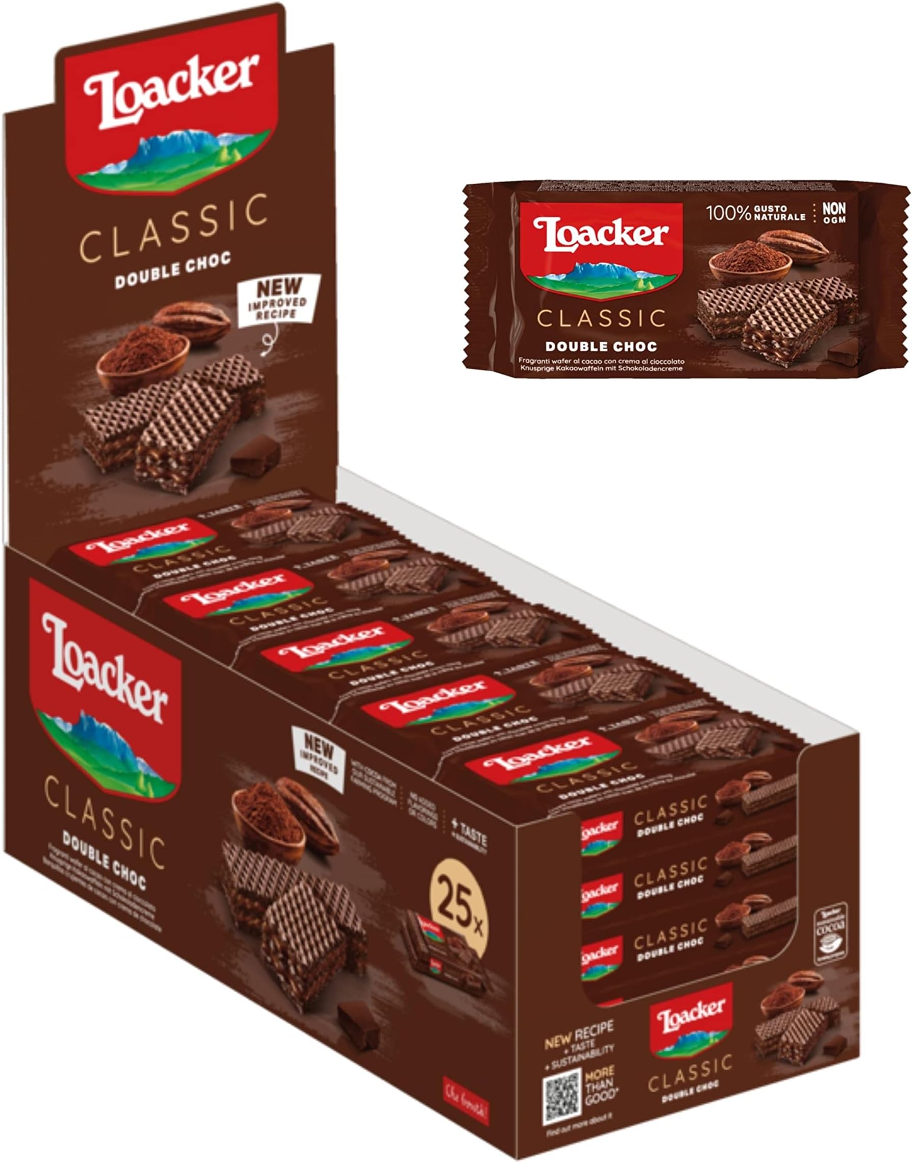 Loacker Classic Double Choc Crispy Cocoa Wafers With Chocolate Cream Filling 45g, Pack of 25