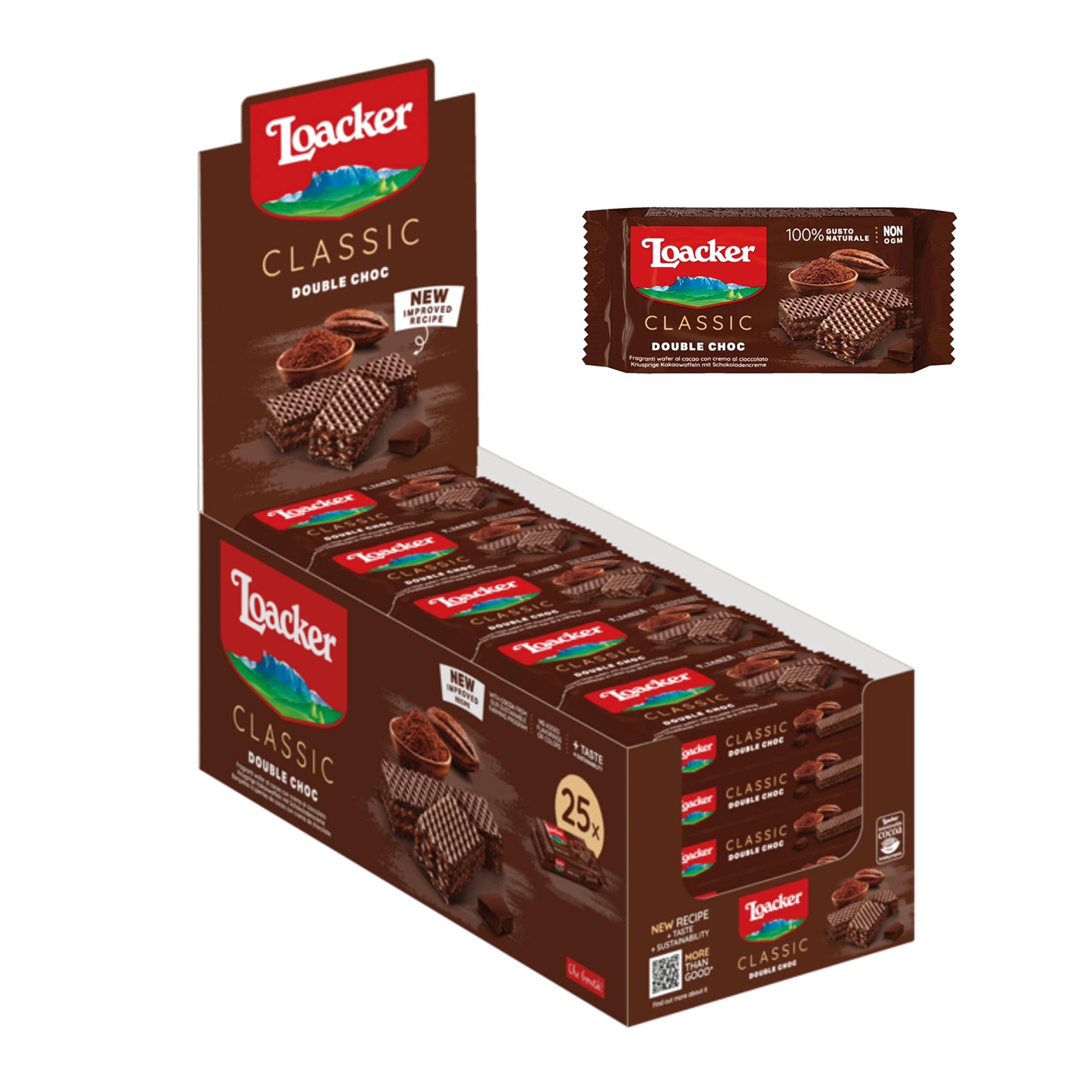 Loacker Classic Double Choc Crispy Cocoa Wafers With Chocolate Cream Filling 45g, Pack of 25