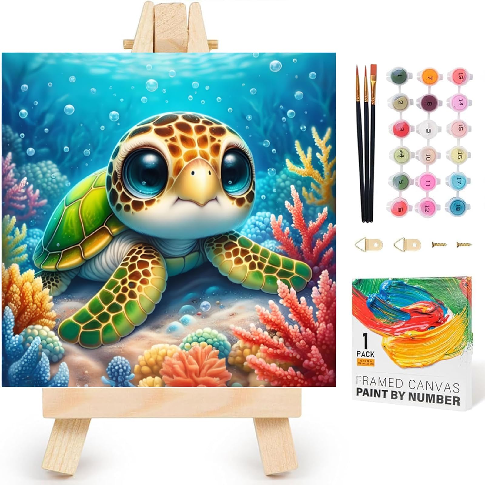 Arttoplus Sea Turtle Paint by Numbers Kit for Children with Framed- Easy Paint by Numbers for Kids Ages 4-8-12 with Wooden Easel, Acrylic Oil Painting by Number Kid for Gift Home Decor(8x12 inch)
