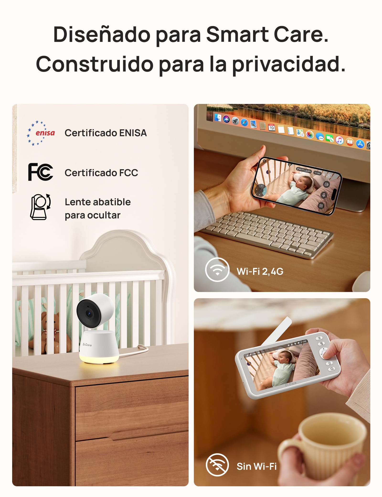 Dr.Care LumiView Cámara Vigilancia Bebé WiFi Inteligente con Clip - Pantalla 5" 1080P & 2K, Control App, Modo Privacidad, Batería 5000mAh, Alertas Llanto y Movimiento, Visión Nocturna, Luz RGB