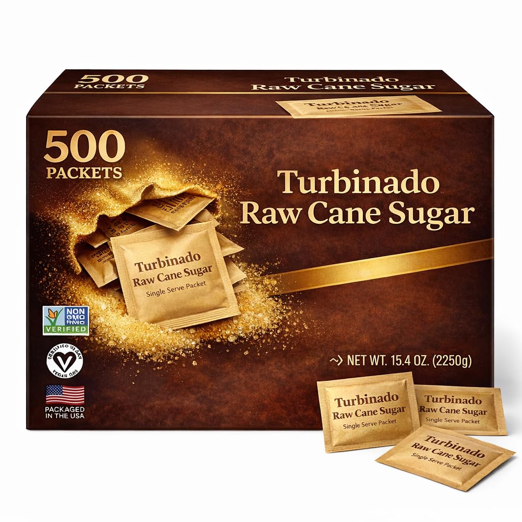 Turbinado Raw Cane Sugar Packets, Natural Cane Sugar Sweetener, Single Serve Bulk for Coffee, Tea, Office, Restaurant & Breakroom, (500 Packets)