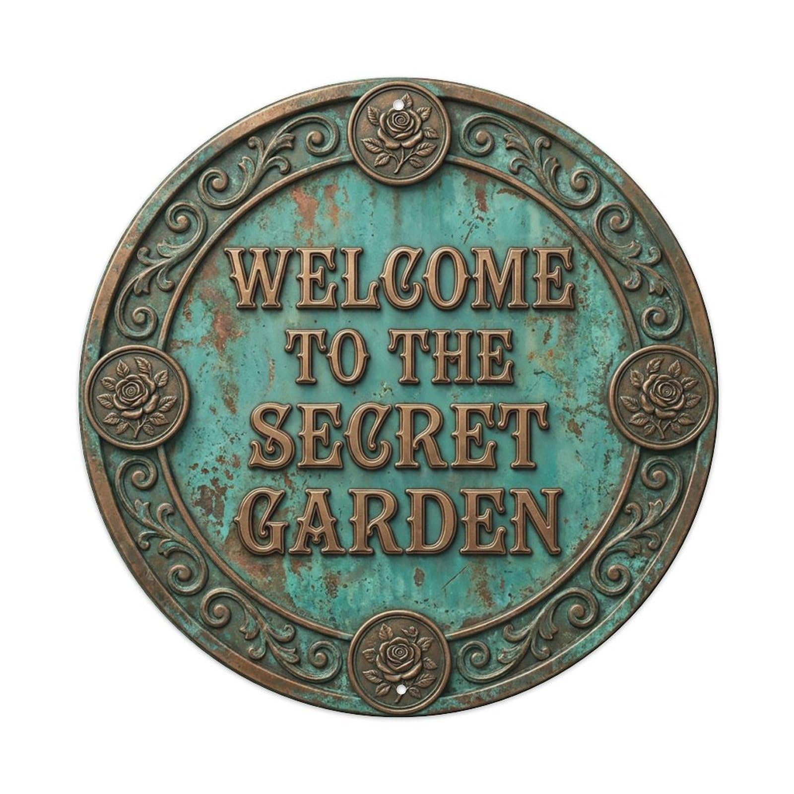 Vintage Welcome Secret Garden Floral Rosette Weathered Metal Tin Sign