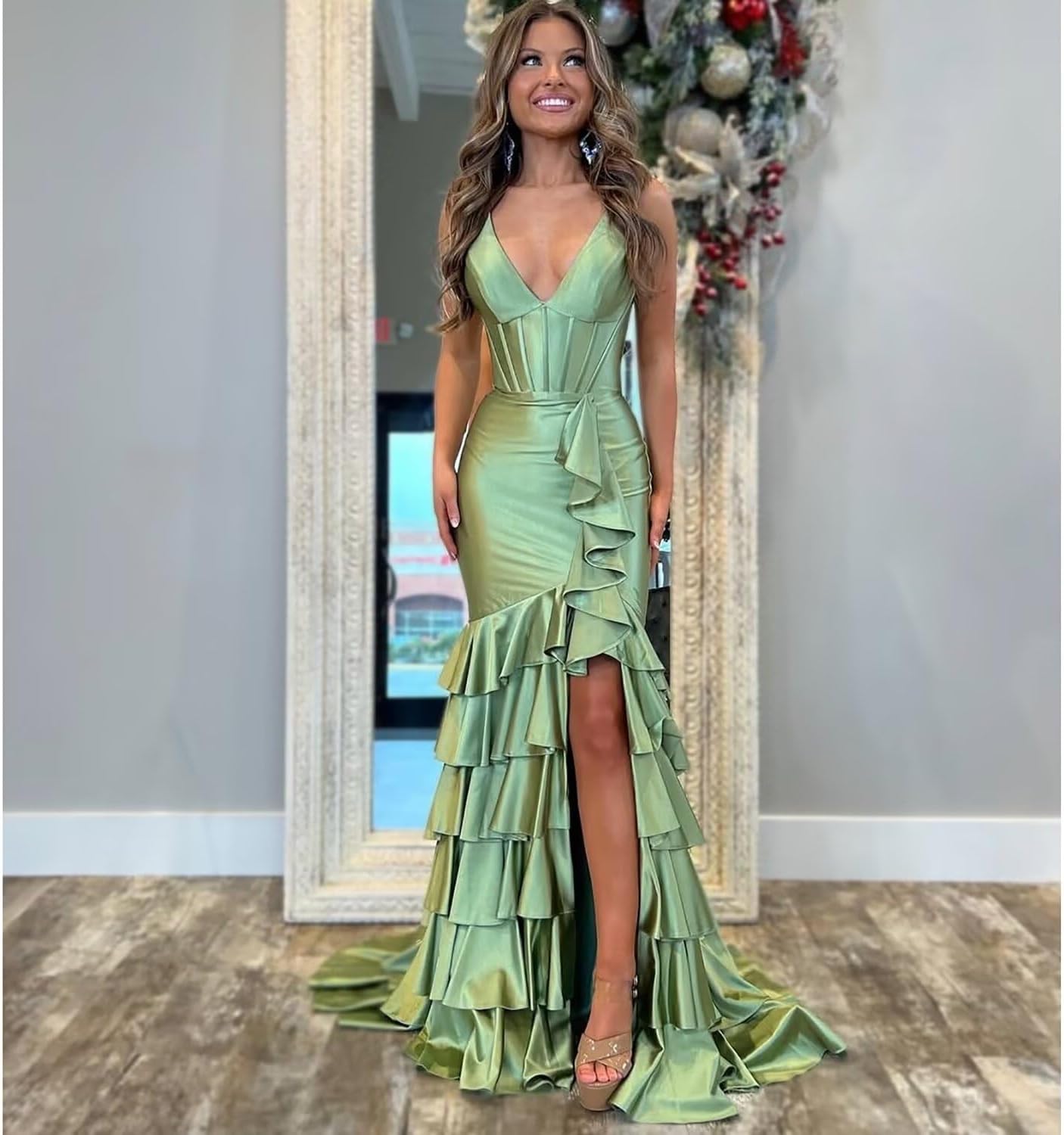 YMFFW Satin Ruffles Mermaid Prom Dresses Long with Slit 2025 Sexy V Neck Evening Dresses Corset Plus Size Party Gowns