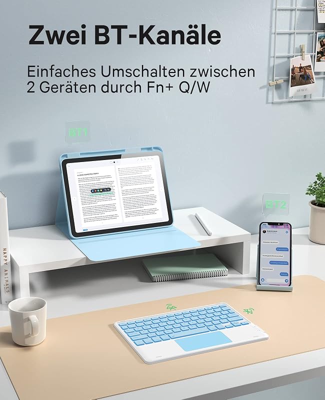 CHESONA iPad 10 generációs tok billentyűzettel, érintőpad, 7 színű LED, 2 csatorna, QWERTZ, kék