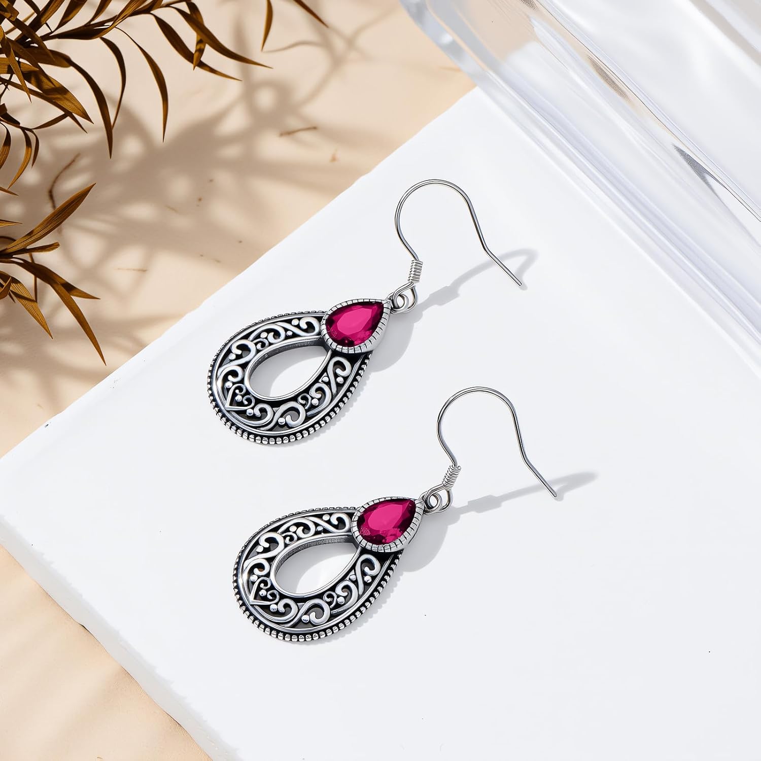 925 Sterling Silver Filigree Style Vintage Retro Tear Drop Dangle Earrings with 12 Months Birthstone Anniversary Jewelry Gifts for Women Mom Wife - Image 3