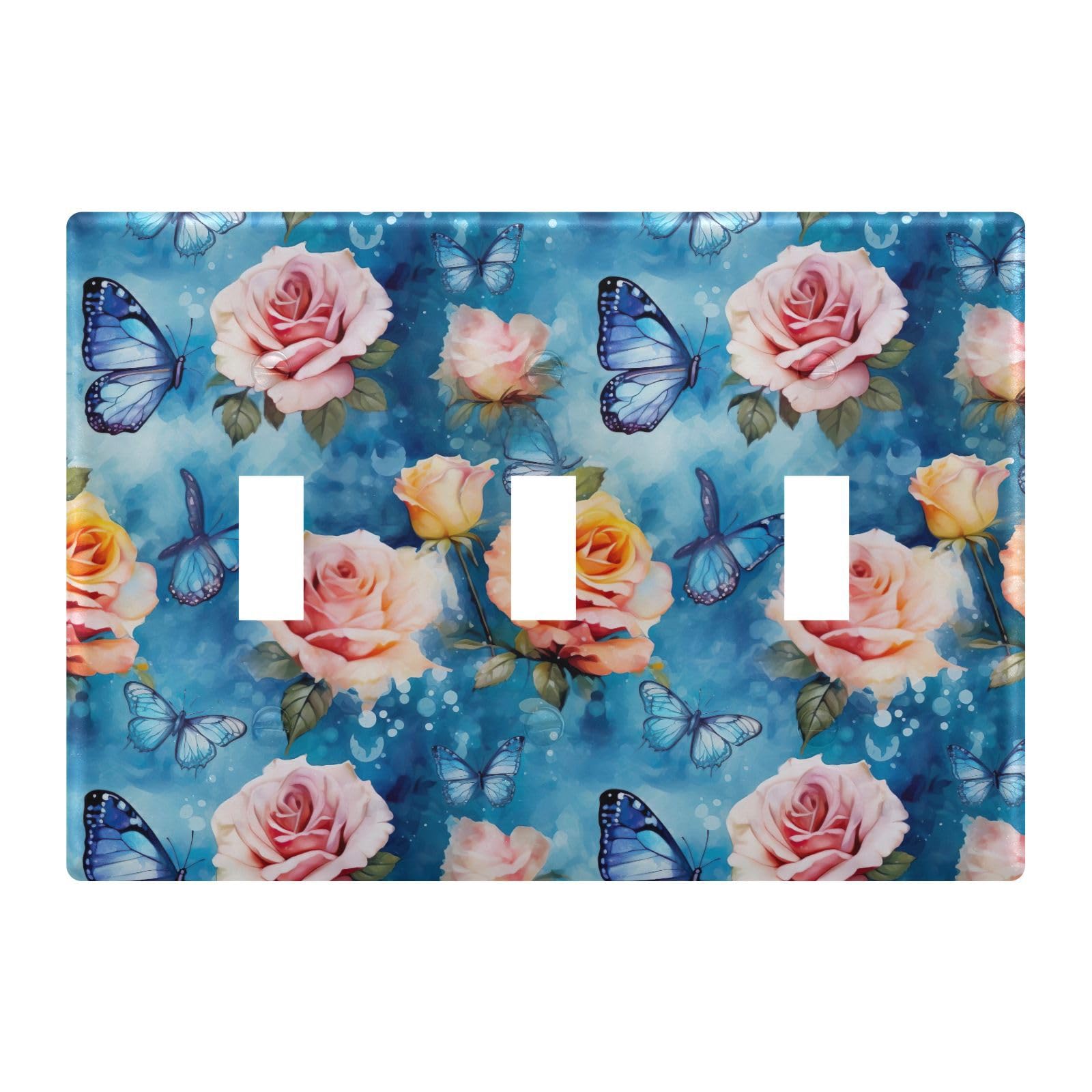 Light Switch Cover Blue Butterfly Pink Flower Wall Plates for Electrical Outlets 3 Gang 202b2586