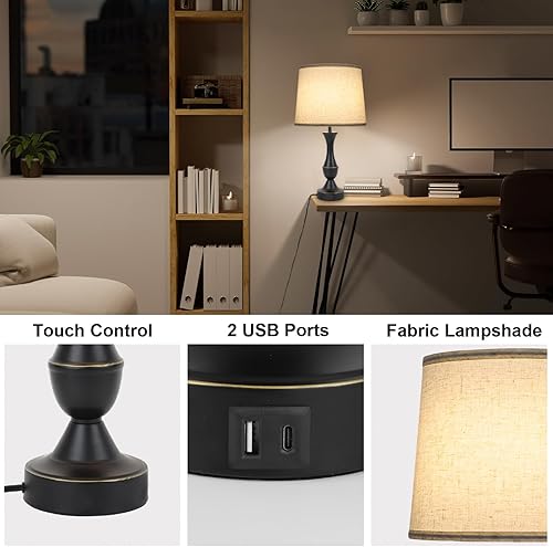 Miniatura 4 de Juego de 2 lámparas táctiles para dormitorios, lámpara de mesa de granja con puerto de carga USB C, lámparas de mesa de noche regulables de 3 vías