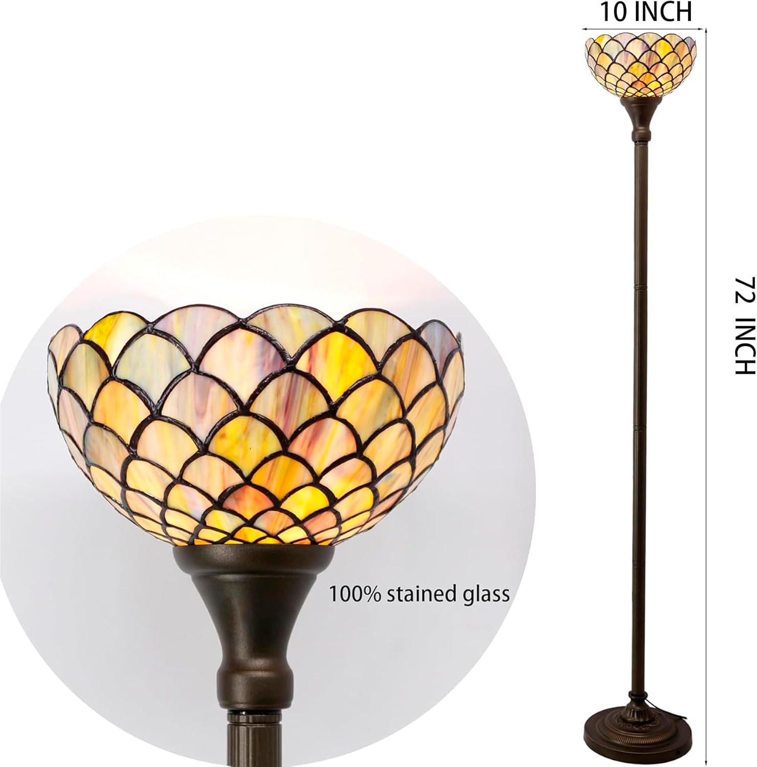 Tiffany Torchiere Floor Lamp Stained Glass Standing Corner Torch Uplight 10X10X72 Inch for Bedroom Living Room Home Office (Brown Fish Scales)