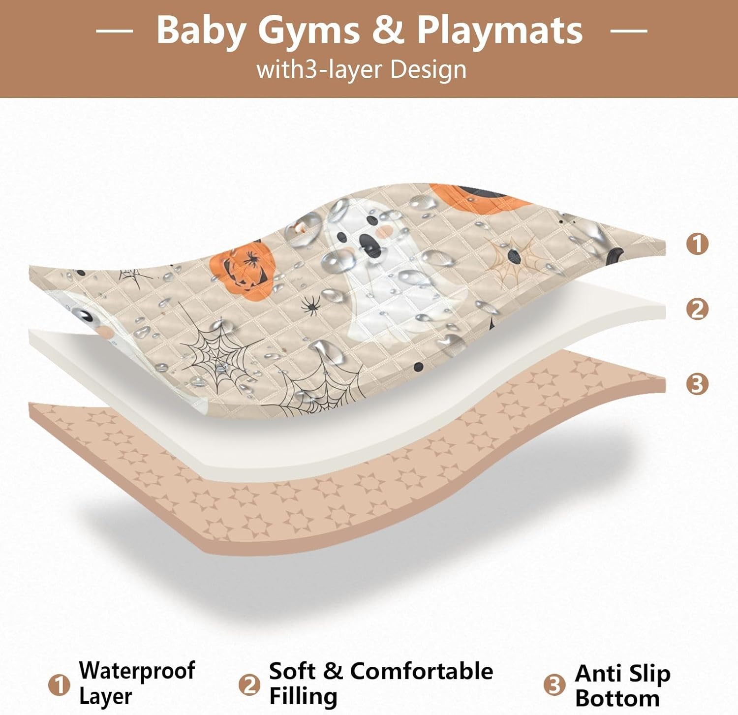 Halloween Pumpkins and Ghosts Baby Play Mat, 50“ X 50” Washable Folding Crawling Mat, Baby Floor Mat, Soft, Non-Slip