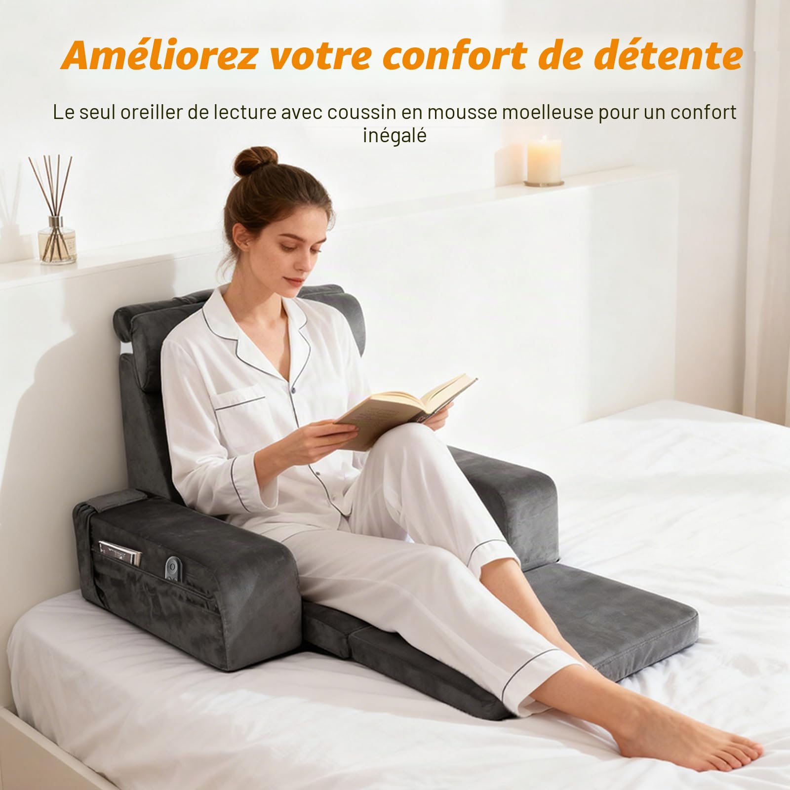 Grand Coussin de Lecture avec Appui-Tête Détachable et Accoudoir, Coussin en Forme d'Os pour Adultes avec Housse Lavable à Longs Poils, Coussin Ergonomique pour le Dos, Coussin de Lecture