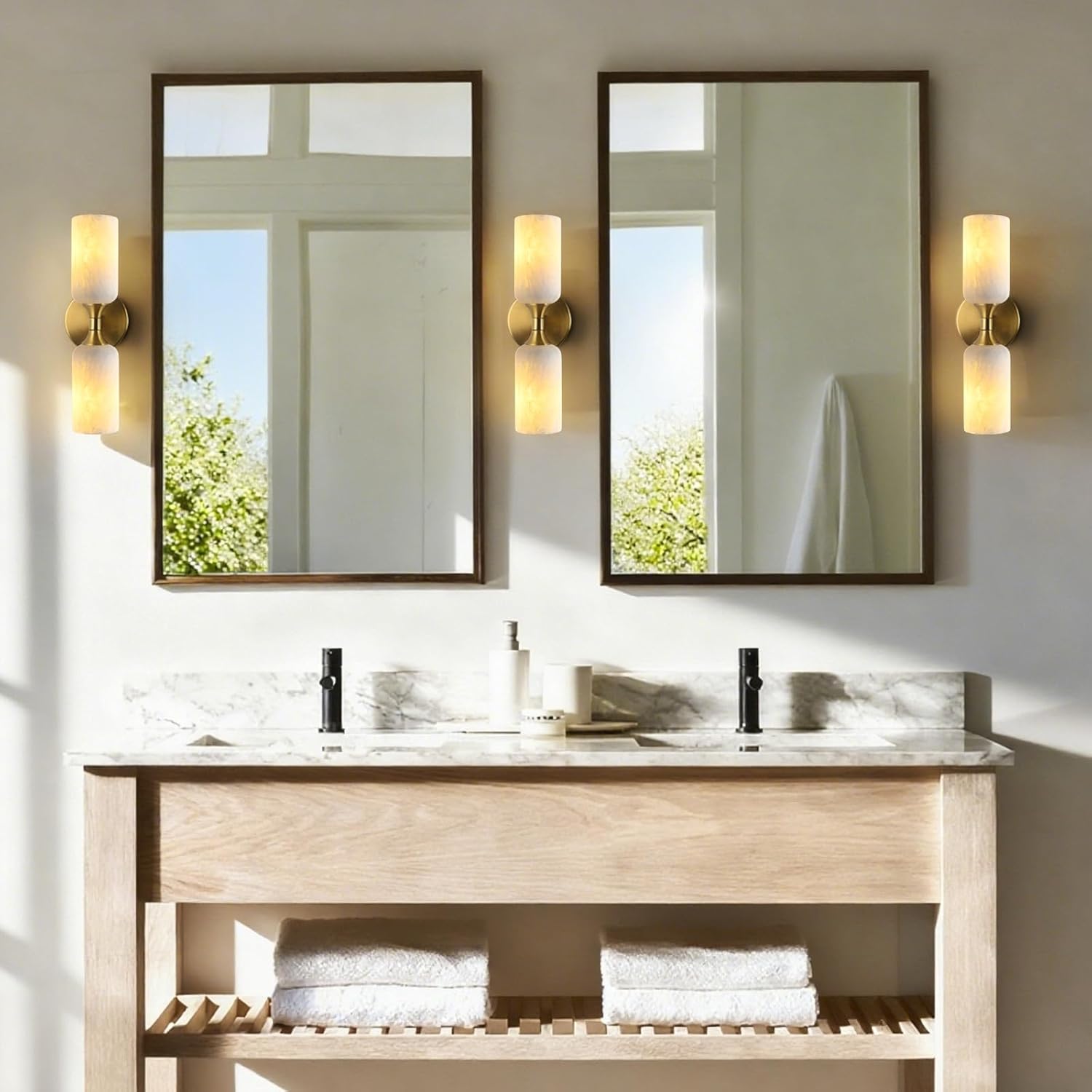 Natural Alabaster Wall Sconce Light Marble Wall Light Bathroom Vanity Sconce Mid Century Stone Wall Mount Light Gold Wall Light Fixture for Bedroom Living Room Kitchen Cafe Stairs