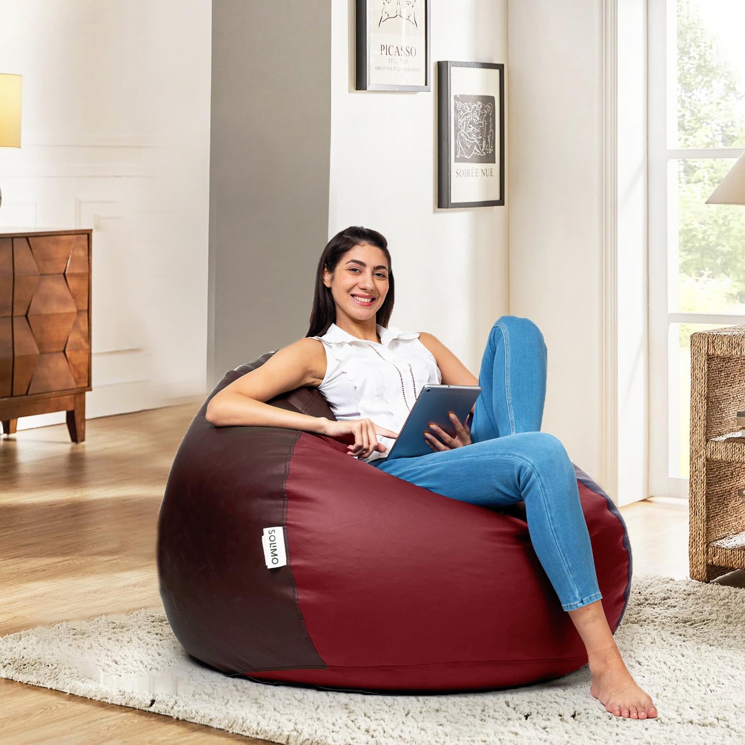 Amazon Brand - Solimo 5XL Premium Faux Leather Bean Bag Filled with Beans for Living Room | Capacity Upto 6'7" Height & 130 Kg Weight | Pre-Filled Bean Bags for Office Use (Brown & Tan)-picture-25