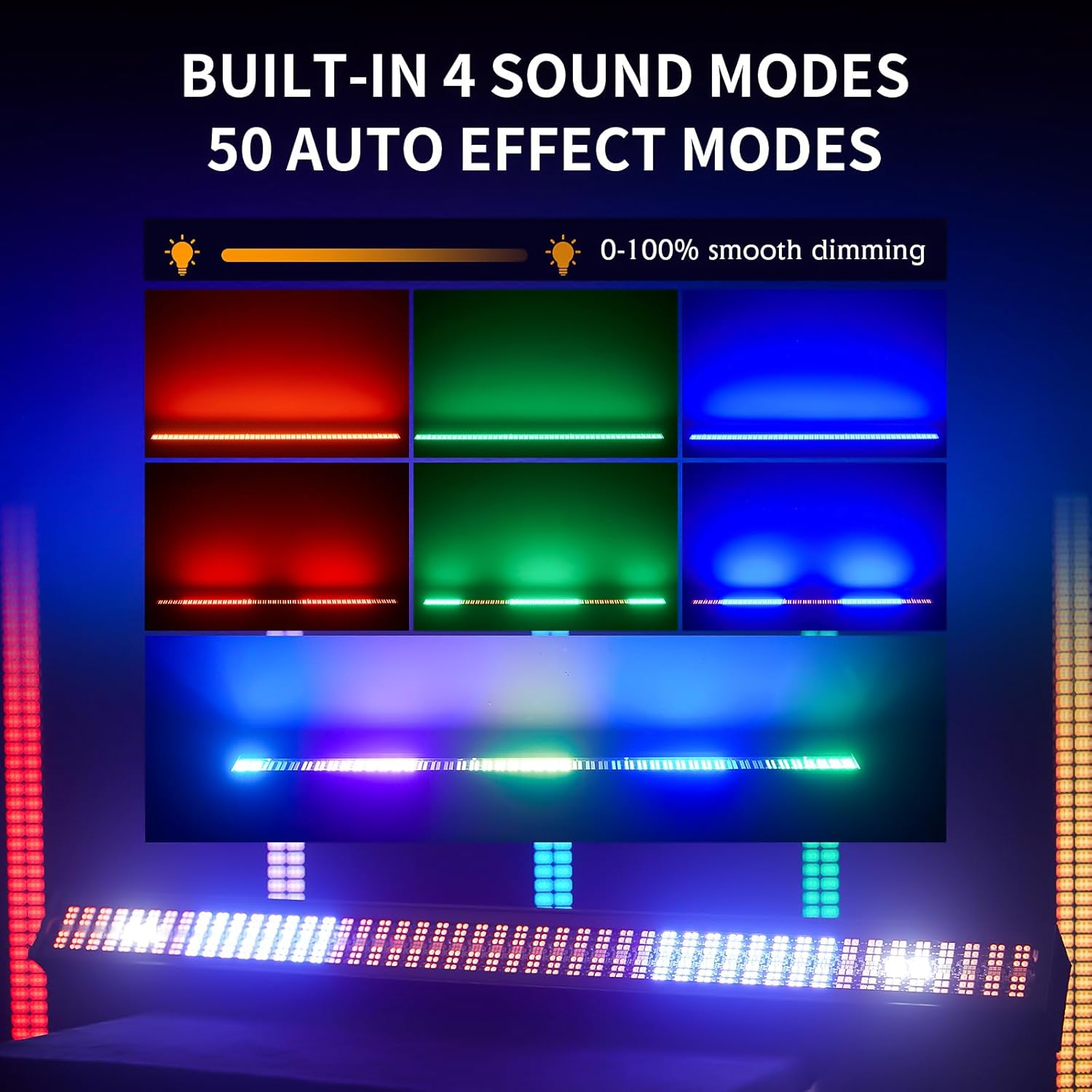 A collage showing various color washes and effects, highlighting the 4 sound modes and 50 auto effect modes.