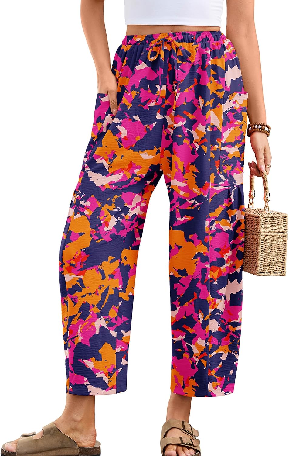 Heymoments Women‘s Wide Leg Pants High Waisted Casual Vacation Beach Palazzo Harem Trousers with Pockets S-2XL