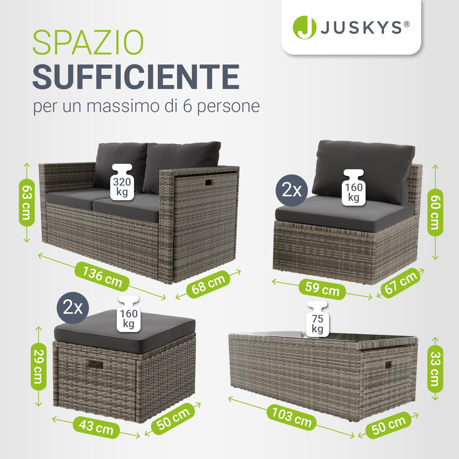 Juskys set di mobili da giardino Salou in polyrattan per 6 persone con tavolo e cuscini grigio