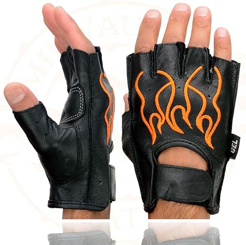 Miniatura 9 de Milwaukee Leather SH198 - Guantes de motocicleta sin dedos acolchados de gel de cuero negro para hombre con bordado de llama naranja