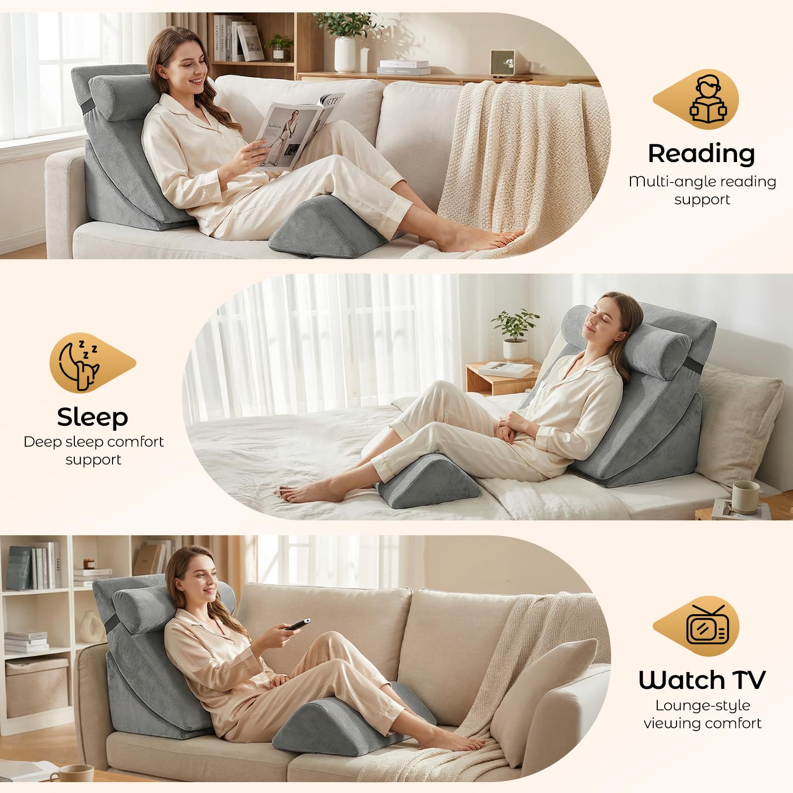 Set di 4 cuscini a cuneo in memory foam, cuscino letto e lettura regolabile in altezza, per divano e letto, lavabili in grigio